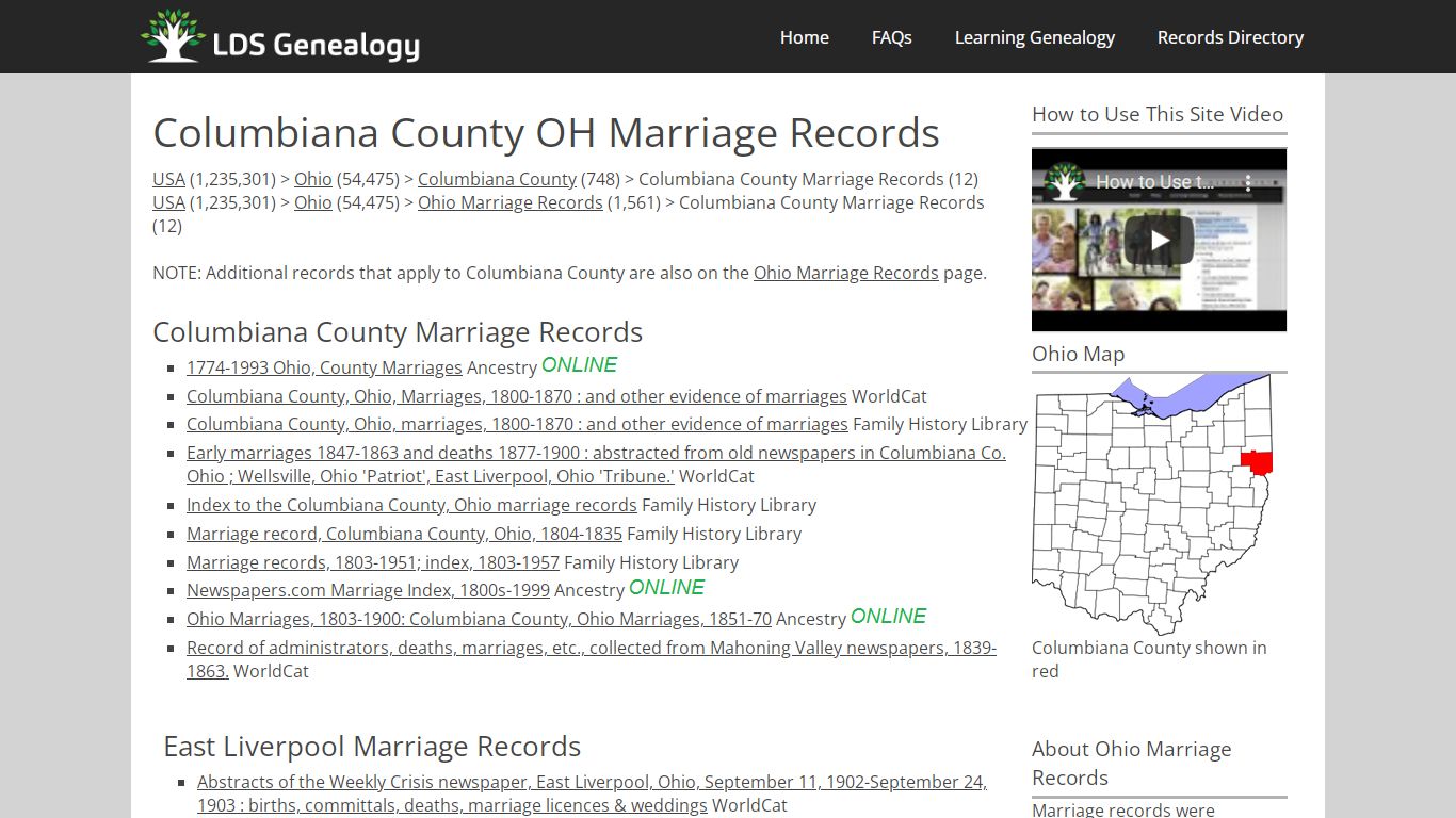 Columbiana County OH Marriage Records - LDS Genealogy